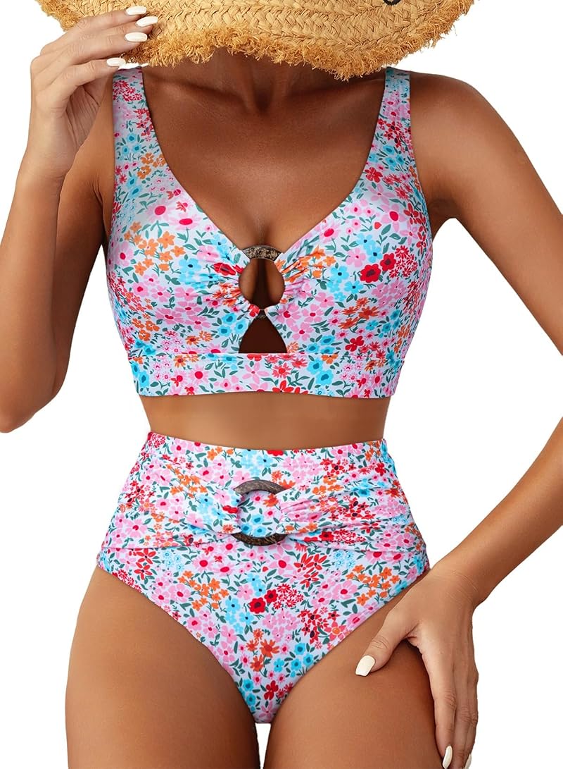 Herseas Pink Floral High Waisted Bikini Set - O Ring Front, Tummy Control