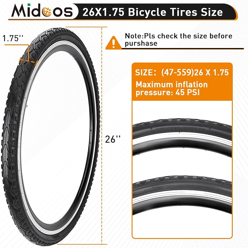 26x1.75 Inch Bicycle Tires Tubes Set – Folding, 2-Pack for 26” Road/Hybrid Bikes