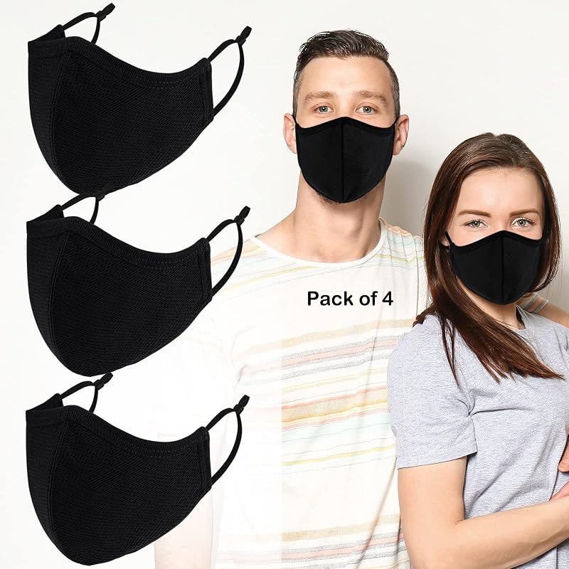 L-Black Adjustable Reusable 3-Ply Cloth Face Mask for Adults – Washable, Breathable Fabric Coverings