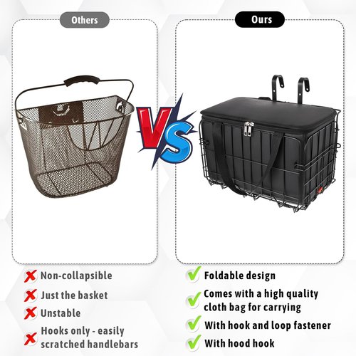 Black Bike Basket Front/Rear Large Capacity Foldable Heavy Duty Bicycle Baskets with Removable Liner Bag Strip for Adult Bikes Carrying Small Dogs Cats Pets Grocery Fruit, Large Quick Release Design