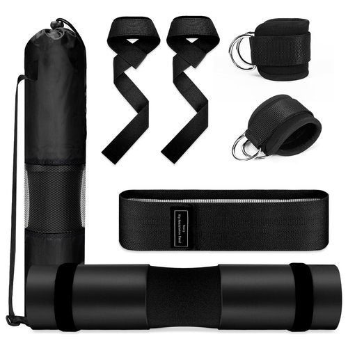 Turakun Gym Barbell Pad Set: Hip Thrusts Pad for Squats Ankle Strap for Cable Machine Hip Resistance Band Weight Lifting Strap and Carry Bag Gym Equipment Accessories, Black