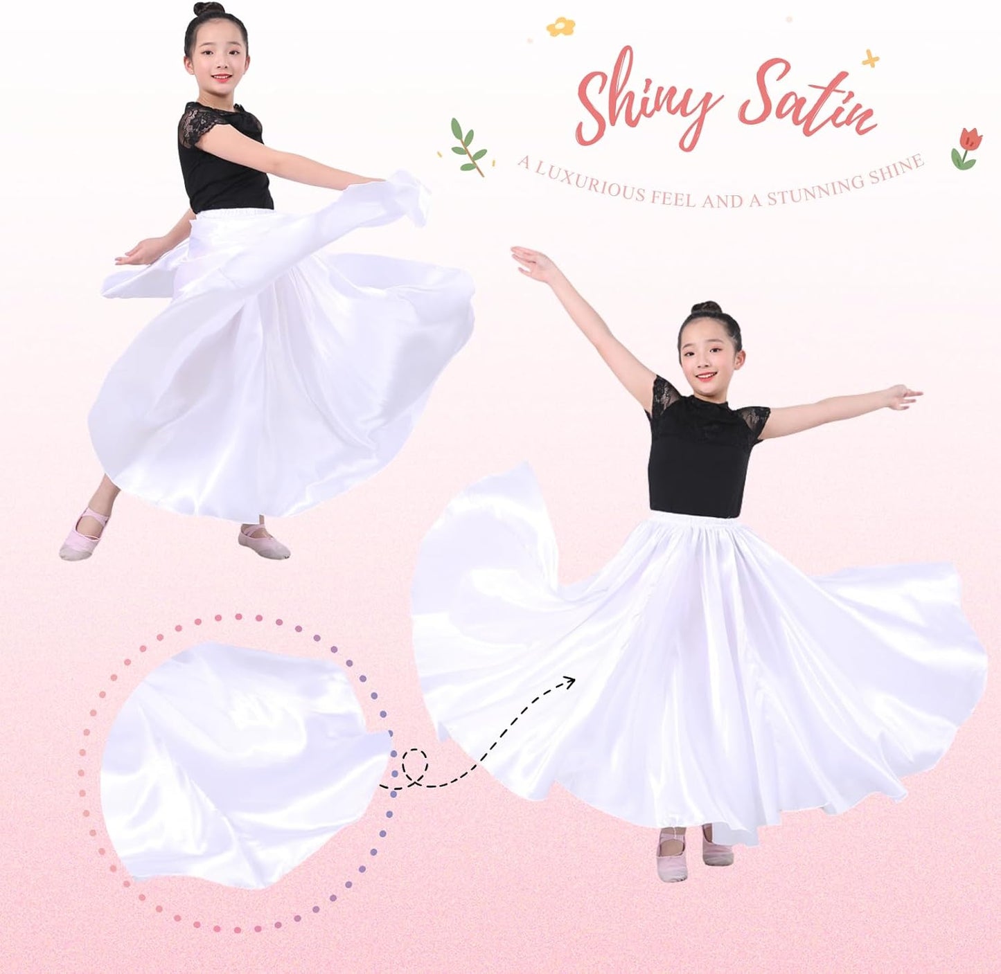 2 Pcs Long Satin Skirt for Girls Full Dancing Circle Skirt for Kids 8-12 Years