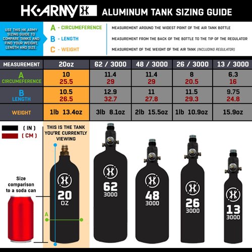 HK Army 20oz Aluminum CO2 Tank - High Pressure Compressed Air System for Paintball & Airsoft Gear - Black