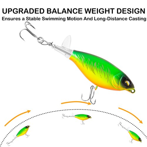 5Pcs Topwater Fishing Lures with Bait Box, 0.2oz Whopper Popper with Rotating Tail Treble Hooks, Plopper Floating Lure for Bass Crappie Walleye Catfish Pike Perch, Freshwater or Saltwater