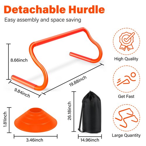 Agility Hurdles Training Equipment - 10 Speed Hurdles and 10 Soccer Cones with Carrying Bag for Soccer, Football, and Track Drills, Ideal for Athletes Speed and Agility Training