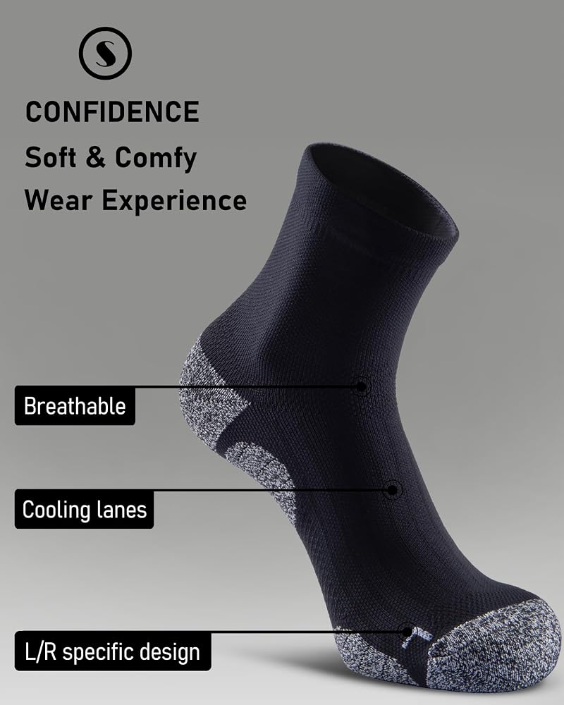 Quarter Compression Socks for Men & Women, Cushioned Athletic Socks - 4 Pairs, Black, Large