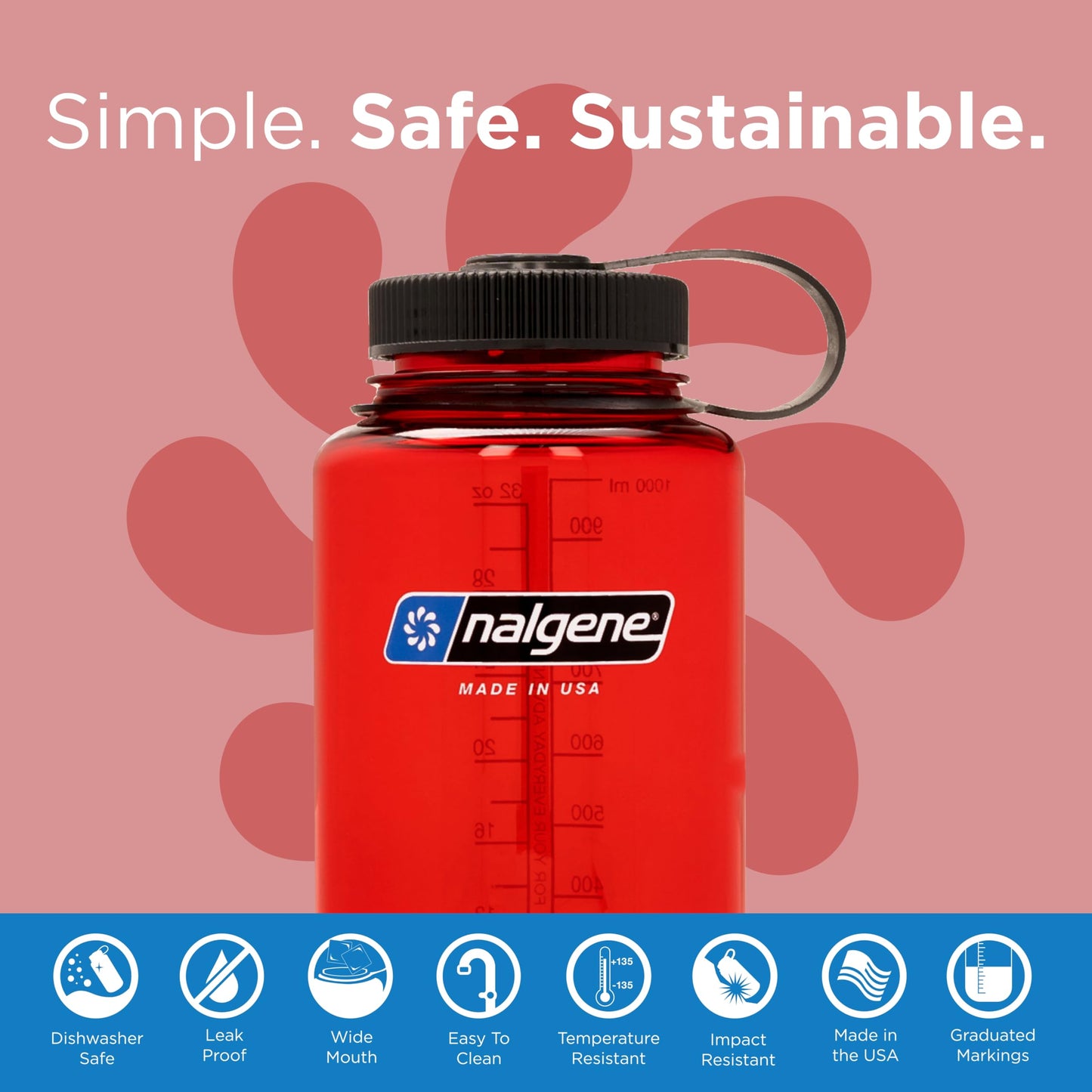 Nalgene Sustain Tritan BPA-Free Water Bottle Made with Material Derived from 50% Plastic Waste (using ISCC certified mass balance), 32 OZ, Wide Mouth, Red (Pack of 6)