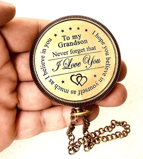 Gift for Grandson Brass Compass Engraved Quote | Memory Present to My Grandson Birthday, Baptism, Graduation, Confirmation, Love, Gift idea by Grandpa Grandma (#1 Grandson - I Love You)