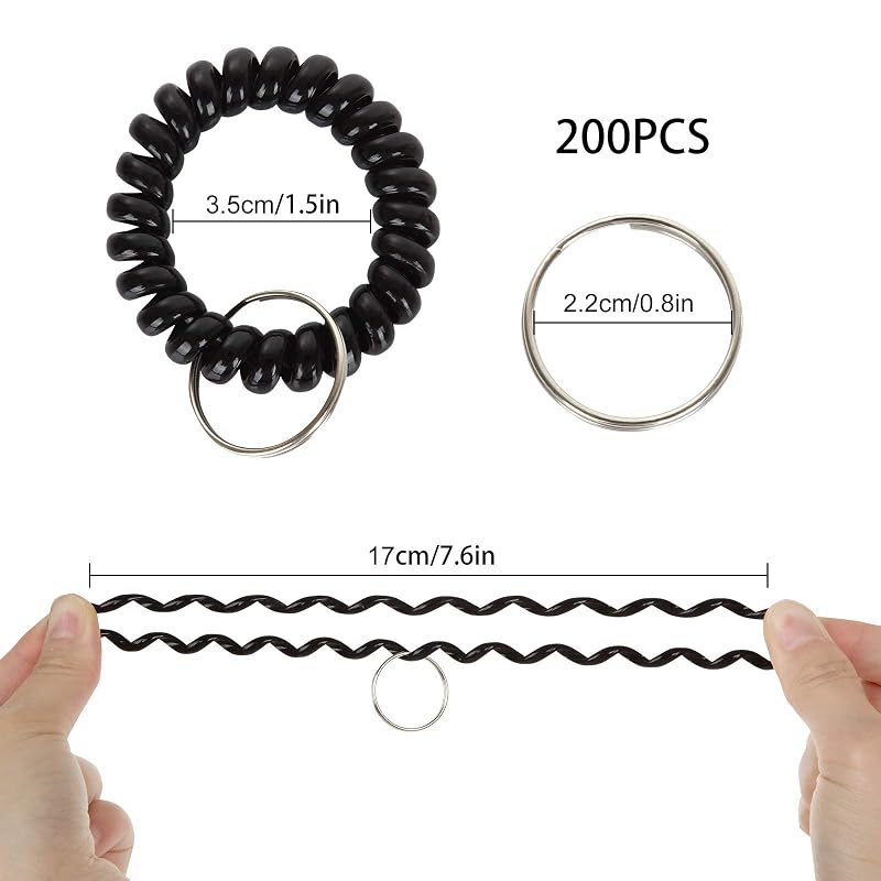 100 Pcs Spiral Wrist Coil Keychains, Plastic Hair Band & Key Ring Set – Black & White