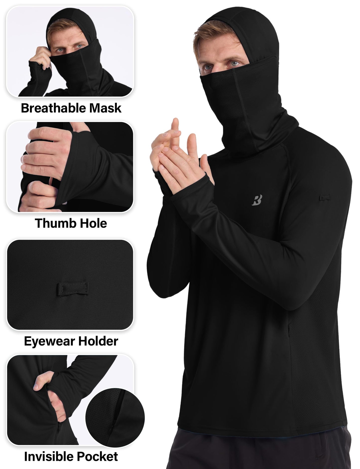 Roadbox Mens UPF 50+ Sun Protection Hoodie, Long Sleeve Fishing Shirt with Mask, Lightweight UV SPF Hooded for Hiking Running
