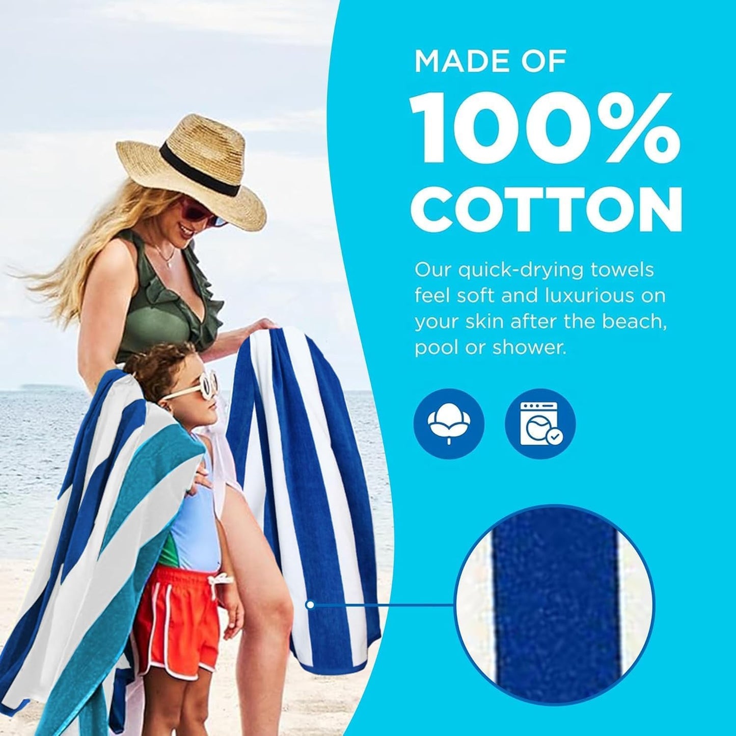 Kaufman - Large Beach Towels | 30" x 60" Terry Cabana Striped | Absorbent, Quick-Drying | 100% Cotton Thick Beach Towels (Blue & Turquoise) (2-Pack)