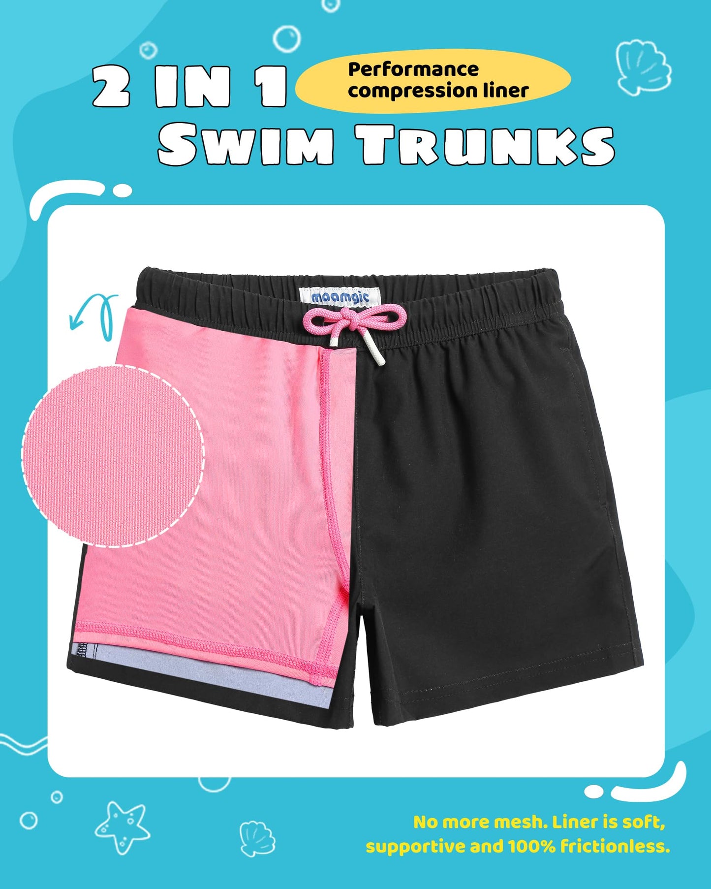 maamgic Boys Swim Trunks with Compression Liner Toddler Stretch Swim Shorts Quick Dry Swimming Trunks Boxer Brief 2 in 1 Beach Shorts Black Pink 5/6