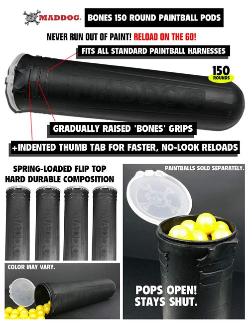 Maddog 4+1 Vertical Paintball Harness Pod Pack with (4) Paintball Pods | Pod Holder Belt with Pouch for up to 88ci. Paintball Tank Bottle | Remote Coil Compatible