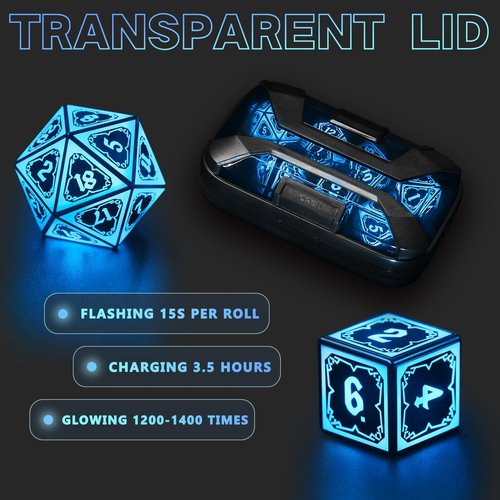 FONVGOGO Light up DND Dice Set Rechargeable,Cool LED D and D Dice 7pcs with Charging Box Polyhedral Dungeons and Dragons RPG Dice Set for Role Playing Table Game (Astral Shard Blue)