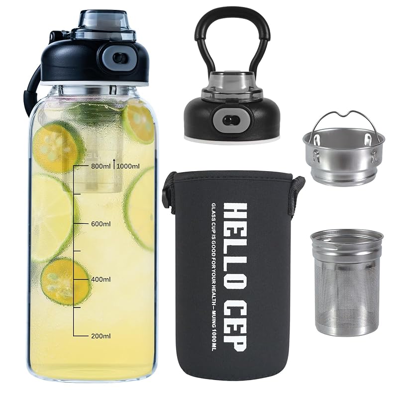 34 Oz Glass Water Bottle with Infuser, Time Mark, SUS Tea Strainer, BPA Free – Large Capacity
