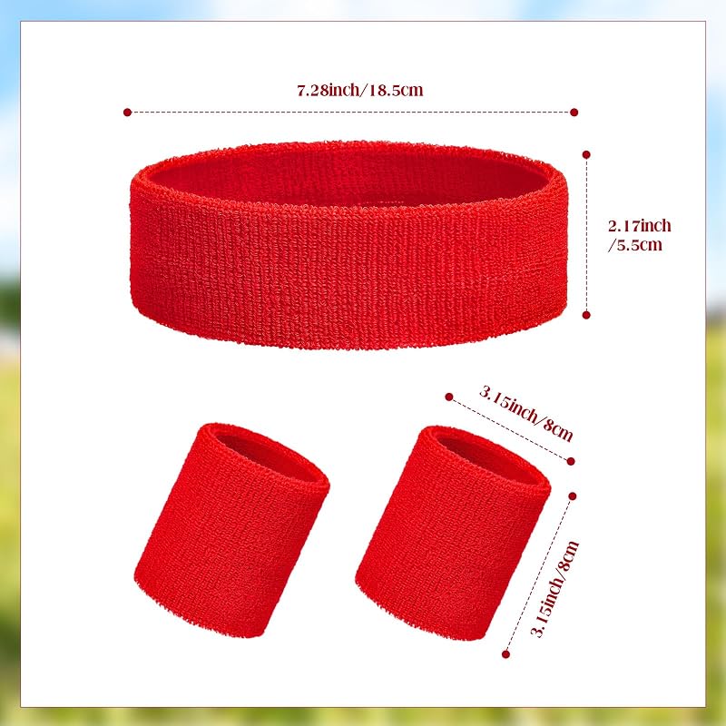 Skylety 24 Pcs Neon 80s Sweatband Set - Red Headbands & Wristbands (Variation: Red)