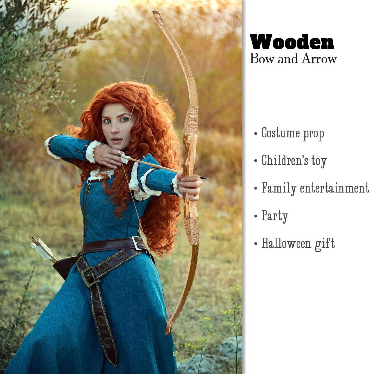 Basbon Youth Wooden Bow and Arrow Set, 40 Inch Handmade Wooden Bow and Arrow Cosplay Costume Prop Archery Set Games Toys, 1 Bows 1 Quivers and 3 Feather Arrows, Gifts for Kids Youth Boys and Girl