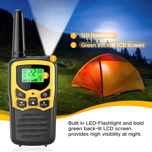 Walkie Talkies with 22 FRS Channels, MOICO Walkie Talkies for Adults with LED Flashlight VOX Scan LCD Display, Long Range Family Walkie Talkie for Hiking Camping Trip (Yellow, 4 Pack)