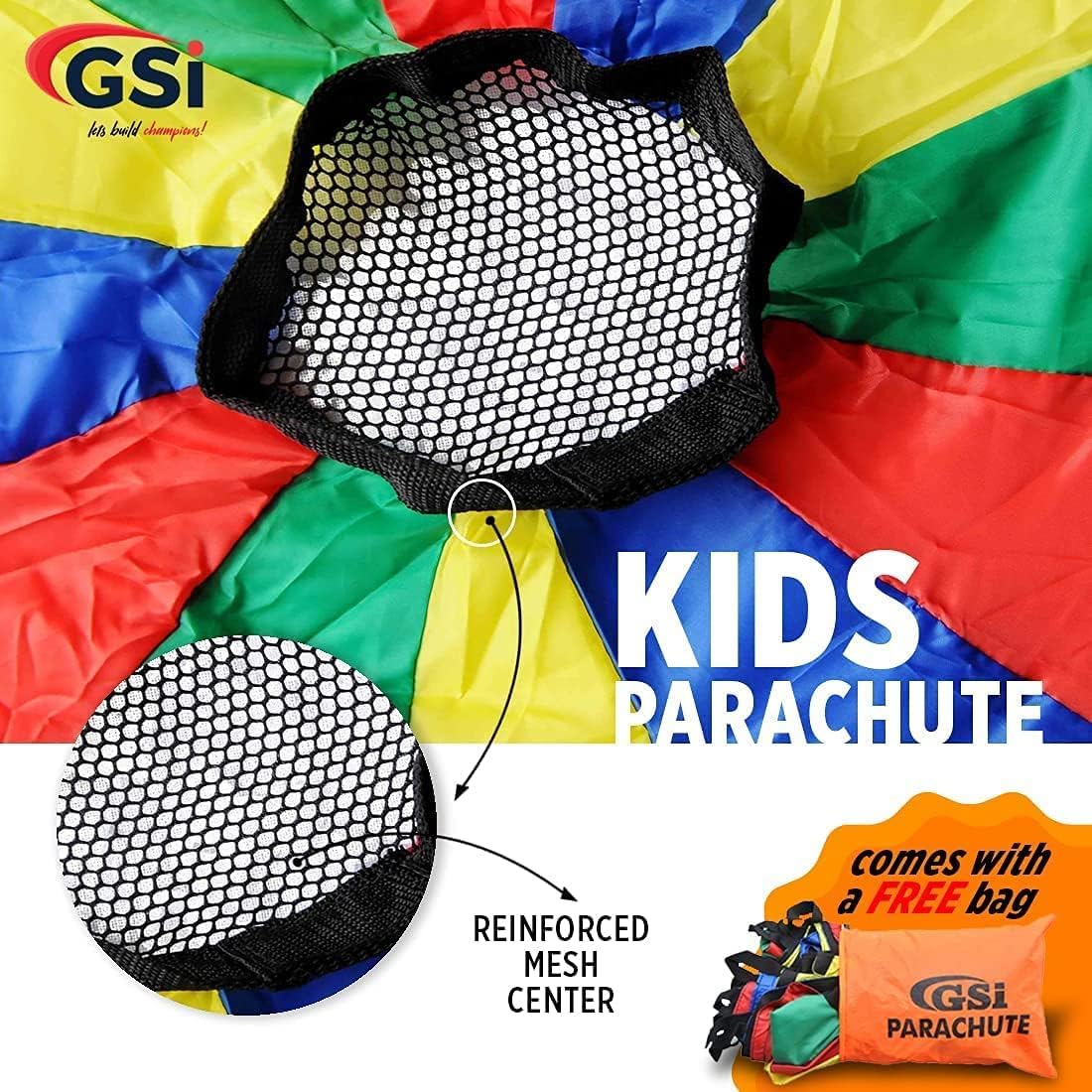 GSi Kids Play Parachute Rainbow Parachute Toy Tent Game for Children Gymnastics Cooperative Play and Outdoor Playground Activities (16 Feet)