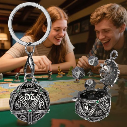 Mini DND Dice Set with Spherical Hollow D20 Metal Case Portable Keychain Necklace, Tiny 7pcs Polyhedral D&D Dice Set, DND Gifts with Gift Box, D&D Accessories for RPG（Green Diamond, Silver）