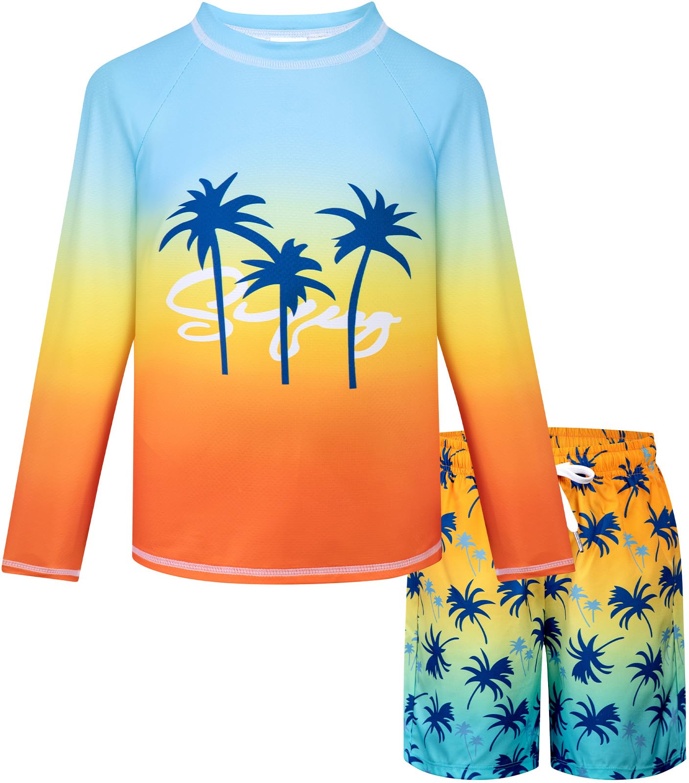 Belovance Boys Two Piece Rash Guard Swim Set Toddler Kids Long Sleeve Bathing Suit Swimwear Shirt with Trunks Swimming Suits Surfing Beach Clothes Quick Dry 5t Size 6 Blue Orange Coconut Tree