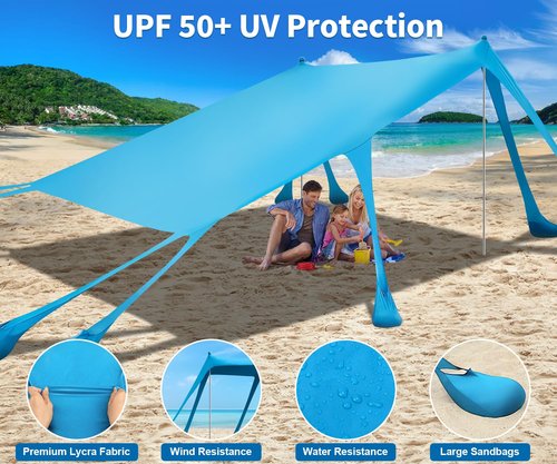 Beach Tent Sun Shelter, Outdoor Pop Up Shade Canopy UPF50+ Protection with 10 Sandbags 4 Stability Poles for Camping, Fishing, Backyard Fun (10×10 FT 4 Pole)