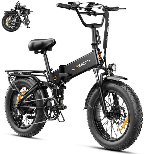 Jasion X-Hunter Electric Bike for Adults,1400W Peak Motor 30MPH Max Speed 48V 13AH Removable Battery, Full Suspension System Design 20''*4.0 Fat Tire Foldable Ebike 7-Speed Bicycles