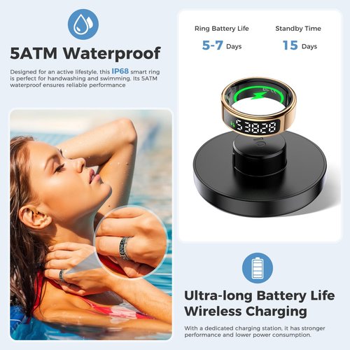 Smart Ring Fitness Tracker for Men Women - Ring with Touchscreen Display for Activity, Sleep & Heart Rate Tracking, Step Counter, Remote Phone Control, IP68 Water Resistant, 7-Day Battery Gold #09