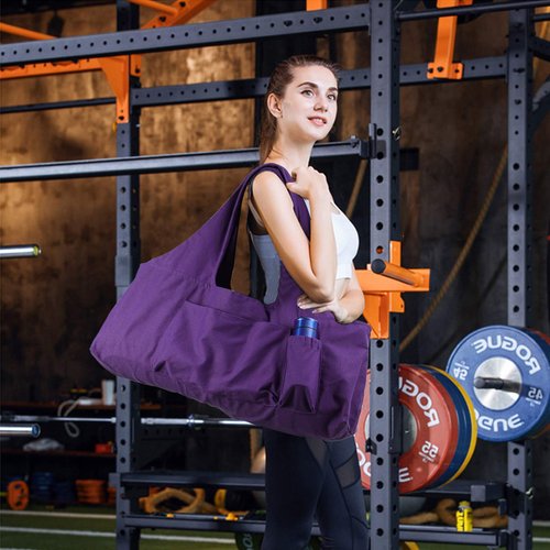 KUAK Extra Large Yoga Mat Bag with Zippered Top & 5 Pockets - Premium Canvas Tote with Yoga Mat Carrying Strap for Pilates, Gym, Fitness Block & Gear-Purple