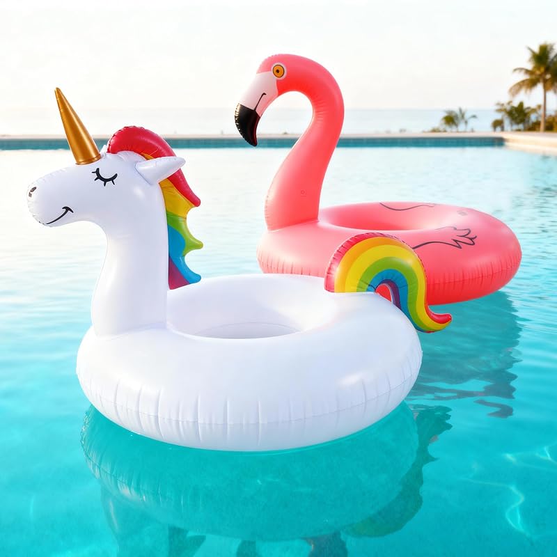 2 Pack Large Inflatable Pool Floats - Flamingo & Unicorn plus Beach Balls, Adult Sized 57x42x36in & 46x42x39in