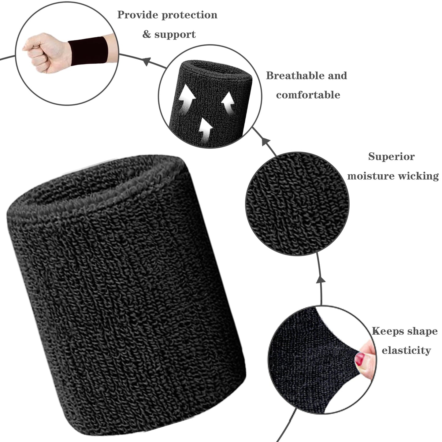 IMAGERIO 6 Pack 4 Inch Wrist Sweatbands Tennis Wrist Bands Absorbent Sweat Band for Men and Women, Breathable Cotton Sweatbands for Working Out, Basketball, Running Athletic Sports -Blue/Black/White