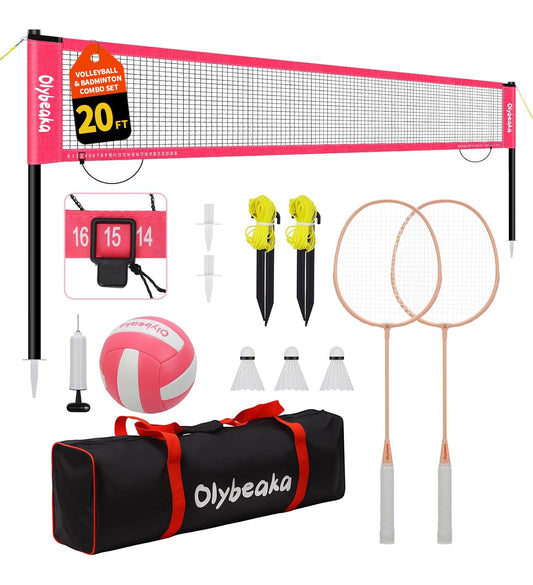 20ft Outdoor Volleyball & Badminton Combo Net Set for Backyard Beach with Adjustable Poles, Durable Anti-Sag Net, PU Volleyball, 2 Aluminum Rackets