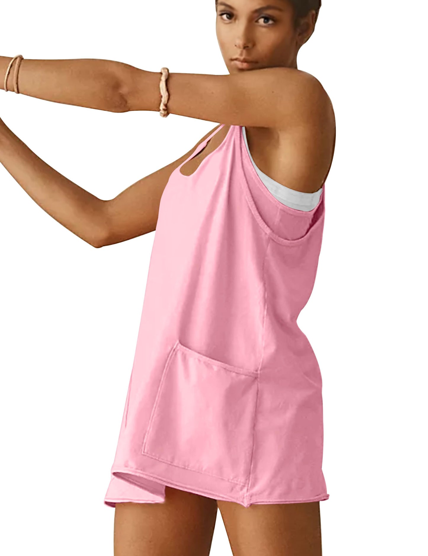 VIUTIL Womens Athletic Dress Built in Shorts Hot Shot Mini Dress Spaghetti Straps Tennis Workout 2026 Summer Romper Dress, Pink, Medium