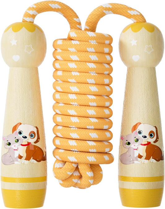 Jump Rope for Kids-Adjustable Cotton Braided Skipping Rope with Wooden Handle for Toddler Fitness Workout Exercise Outdoor Activity