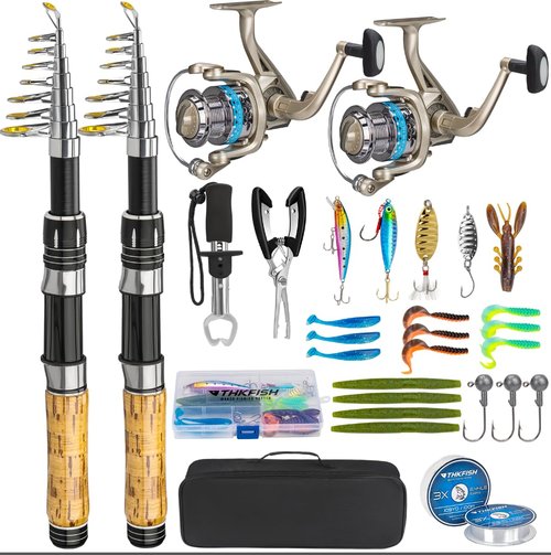 THKFISH Fishing Pole Set, 2Pcs 2.1m/6.89ft Telescopic Fishing Rod and Reel Combo,Spinning Reels Lures Set Carrier Bag for Travel Saltwater Freshwater Kit Fishing Rod Reel Combos(2PCS)
