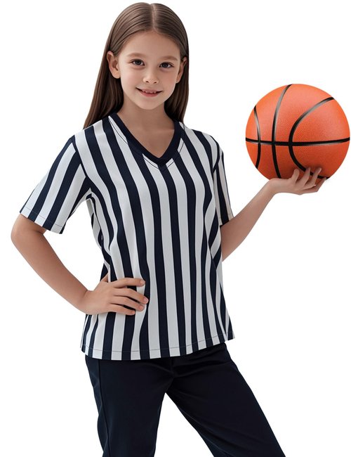 Referee Shirt Black & White Stripe Ref Jersey Kids V-Neck Official Umpire Uniform Basketball, Football, Soccer, Volleyball, Halloween Cosplay Costume for Children Size M