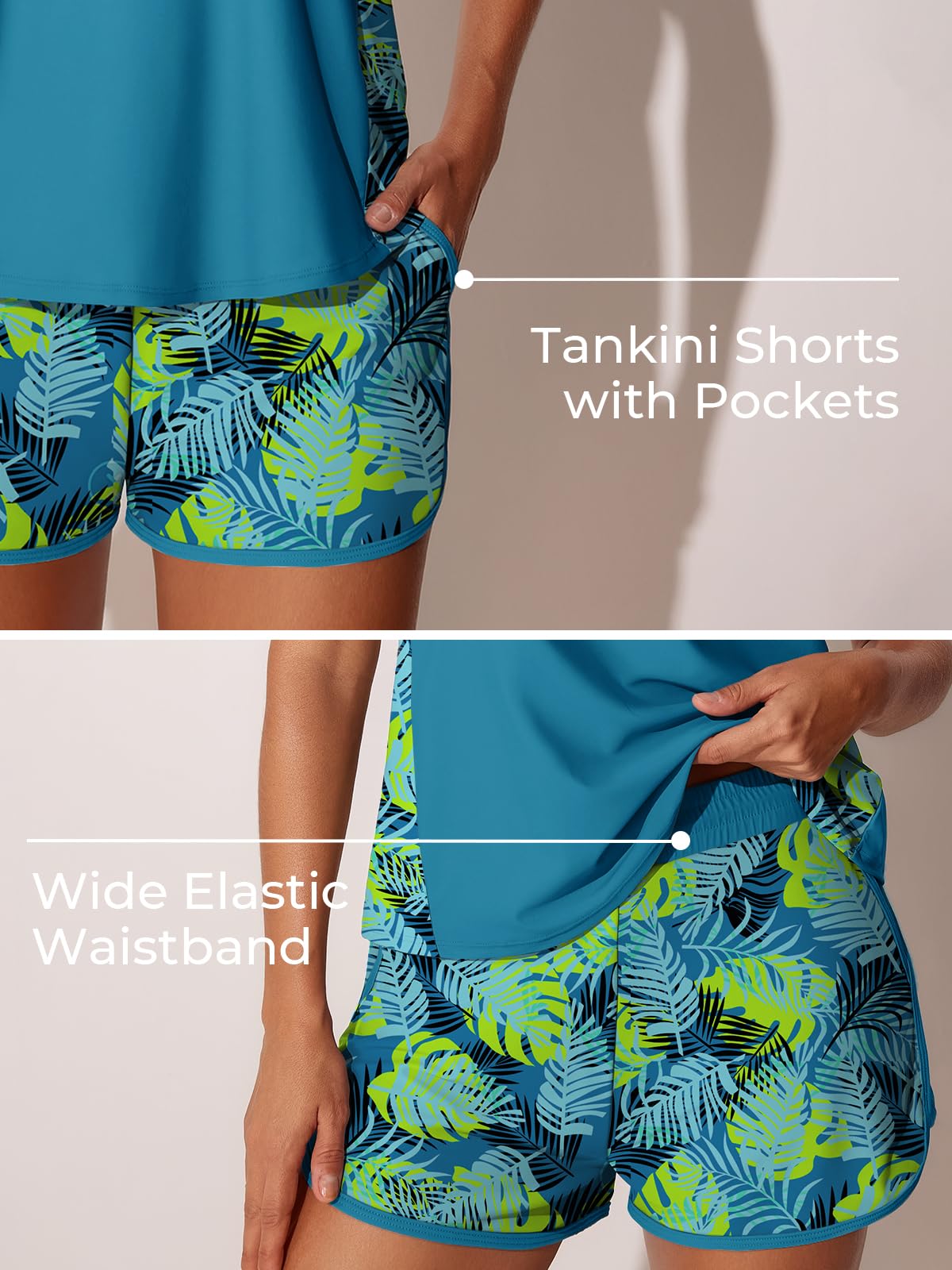 Summer Mae Plus Size Tankini Swimsuits for Women 2026 Tummy Control Two Piece Bathing Suits with Pockets Swim Shorts Tropical Green Leaves Size 22 Plus