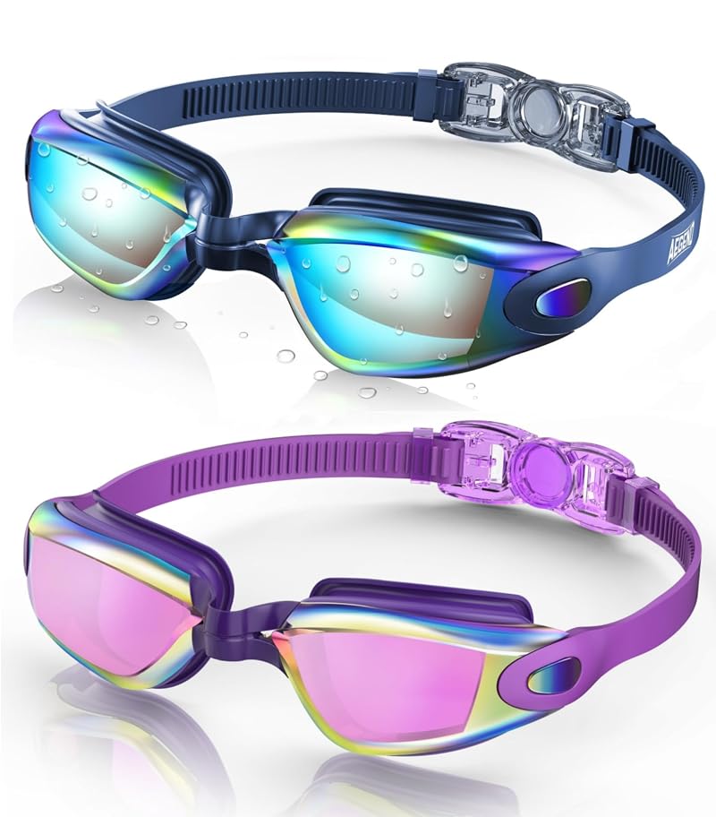 Aegend Swim Goggles 2 Pack for Adults & Kids - Anti-Fog, UV, Leak-Proof with Case (Aqua & Purple Black)