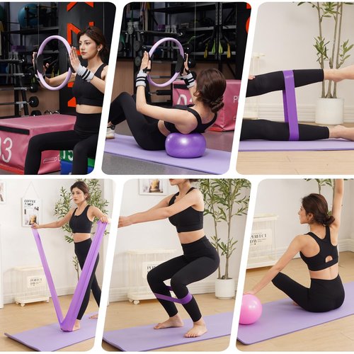 Tsikavo Pilates Ring Circle and Pilates Ball Set, 12 Inch&14Inch Magic Circle Pilates Ring,9 Inch Small Exercise Ball,Resistance Bands Set, Home Pilates Equipment for Women