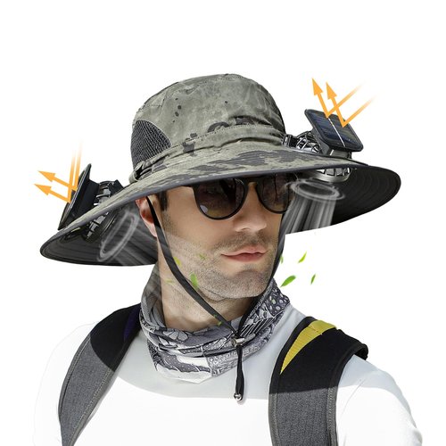 Solar Fan Hat,Wide Brim Solar Powered Fan Hat with 2 Built-in Fans,UPF 50+ Sun Hat for Outdoor Hiking Fishing Camping Green Camouflage