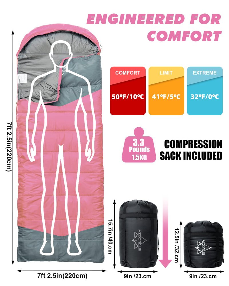 ETGLCOZY Lightweight 3-Season Sleeping Bag for Adults/Kids Camping, Compact w/Compression Sack, Waterproof Ripstop, Portable for Backpacking Hiking Travel, 50-80°F, Pink
