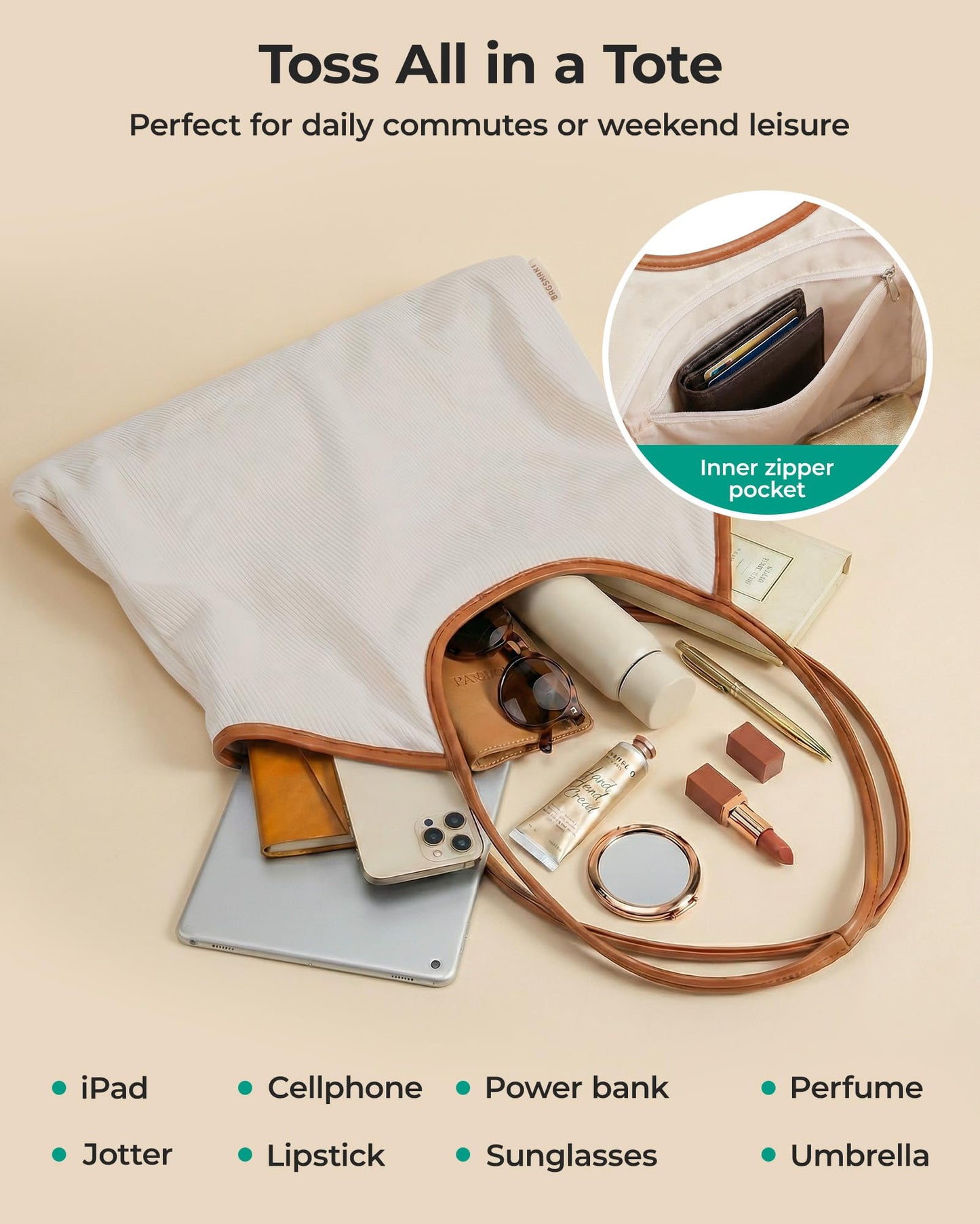 BAGSMRT Corduroy Tote Bag for Women Beach Bag with Zipper Casual Shoulder Bag Lightweight Travel Tote Hobo Handbag Tan Brown