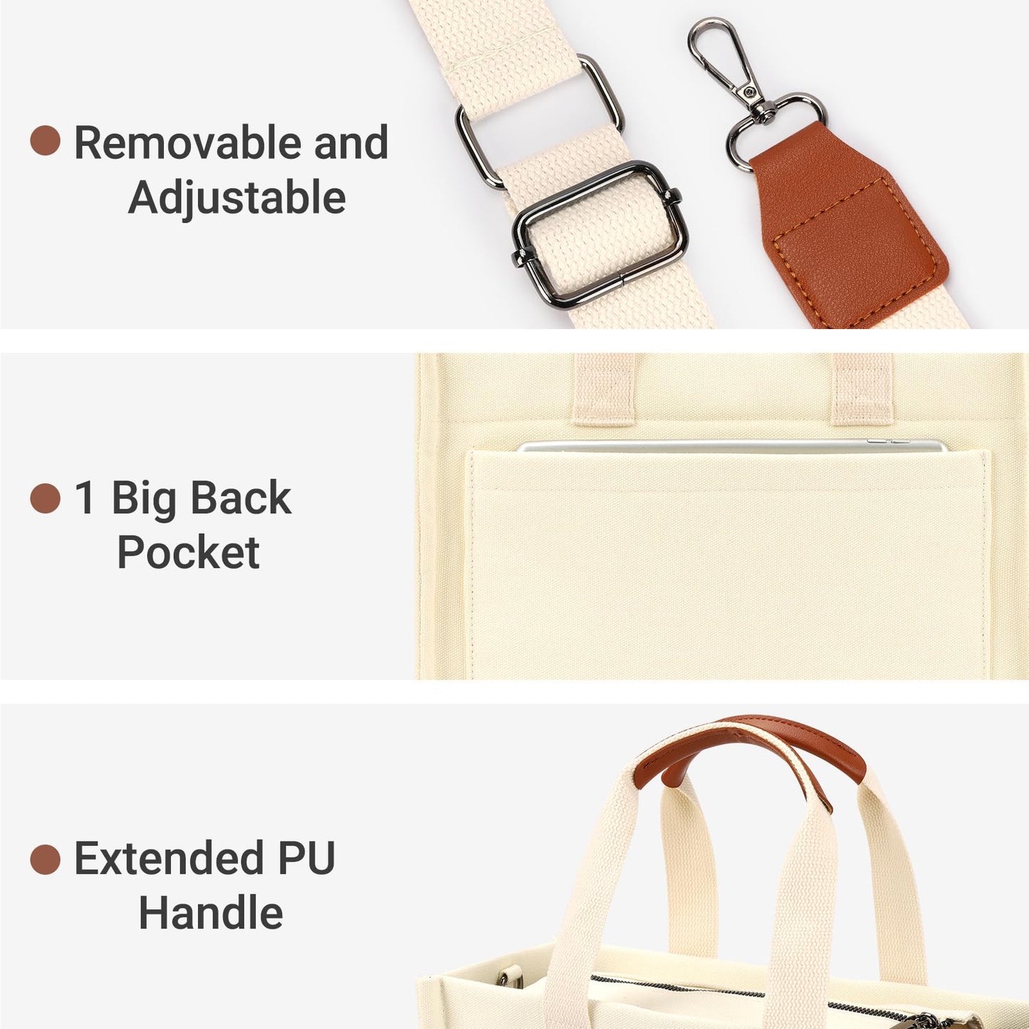 ZORFIN Canvas Tote Bag for Women with Zipper and Pockets Crossbody Work Laptop Book Bag for Travel College Gift, Black E