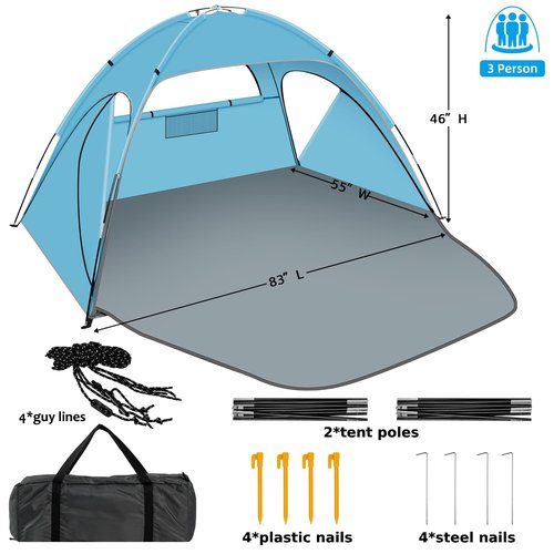 Hoeada Beach Tent Sun Shelter, Beach Shade Tent with UPF 50+ UV Protection for 2-3 Person, Portable & Easy Setup Cabana, 3 Roll Up Doors & 8mm Fiberglass Rods, Carry Bag Included