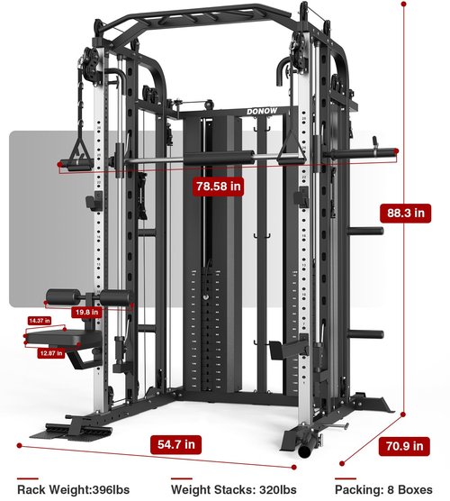 DONOW Smith Machine with Weight Stacks Power Cage Squat Rack Dual Cable Crossover Machine Home Gym Systems Station LAT Pull Down DN-DS939B 320lbs Cement Weights