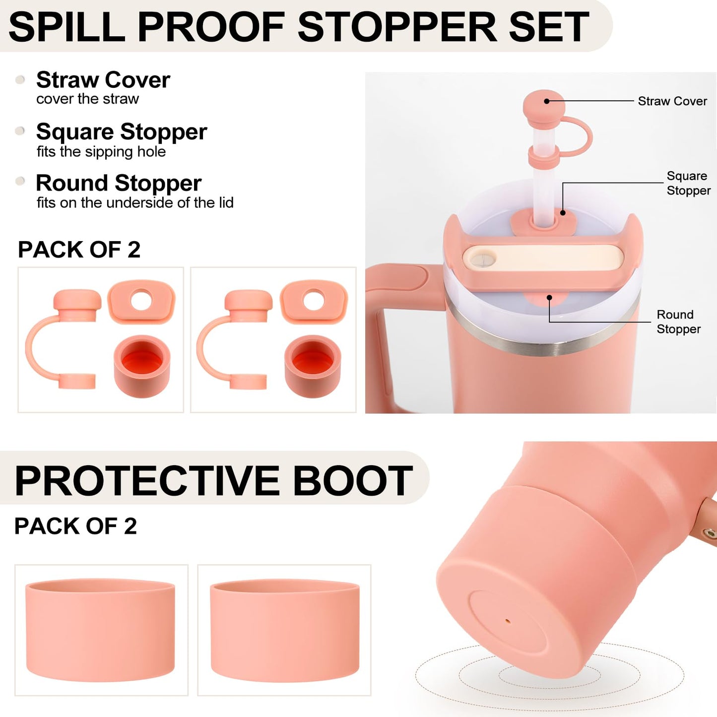 HYZ 8 Piece Accessories for Stanley Cup, Silicone Spill Proof Stopper Set and Protective Boot Including Straw Cover Cap for Stanley H2.0 20oz 30oz 40oz Tumbler, Exclusive Sienna