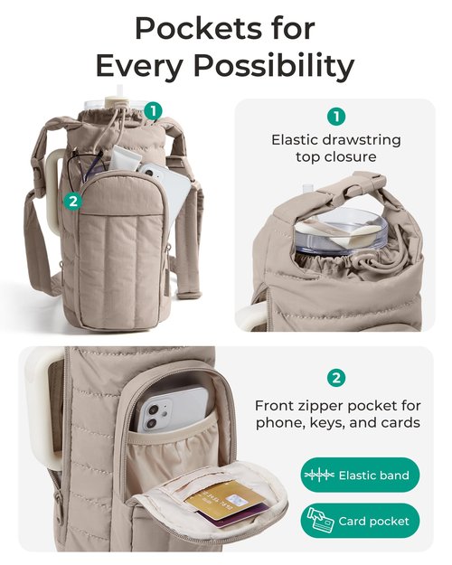 BAGSMART Water Bottle Holder Bag with Strap, 40/32 oz Crossbody Bag Gym Accessories, Sling Purses for Women, Camel