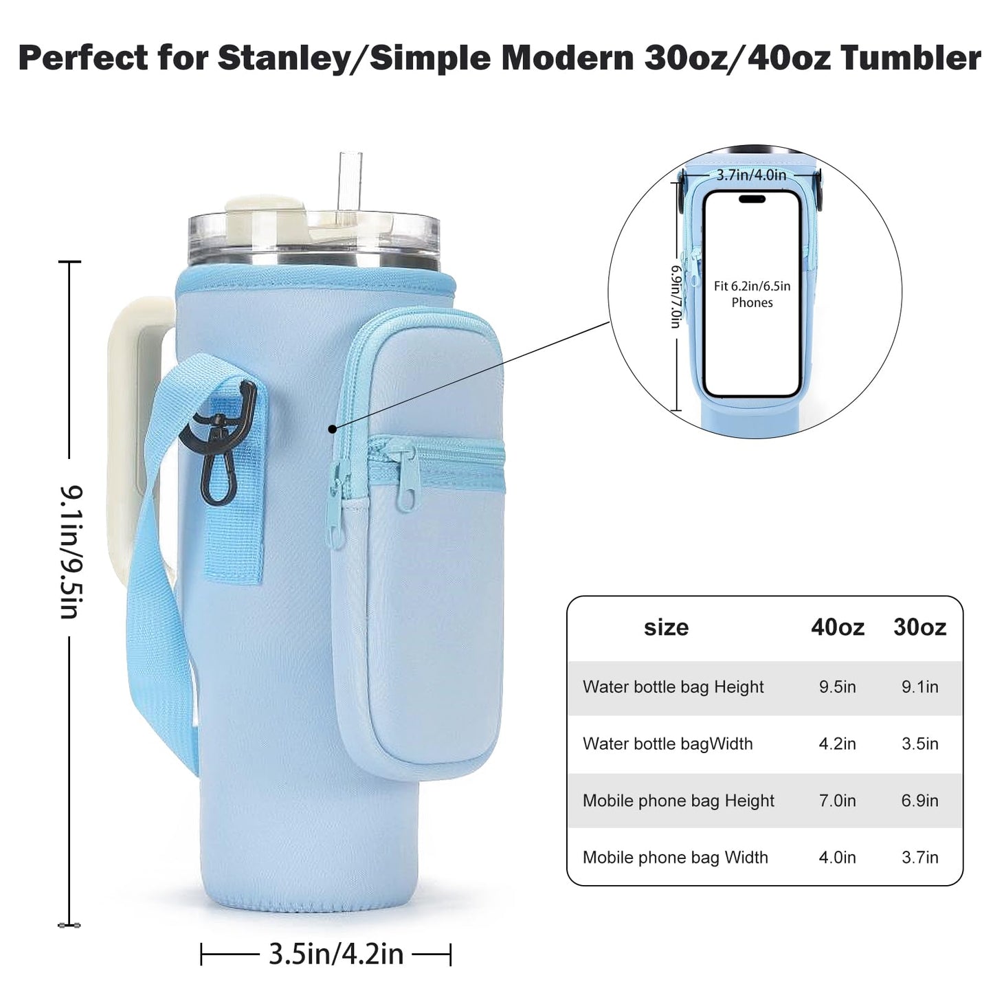 GOEWY Water Bottle Carrier Bag for Stanley 40 oz Tumbler with Phone Pocket Neoprene Water Bottle Holder with Shoulder & Handheld Strap Stanley Cup Accessories