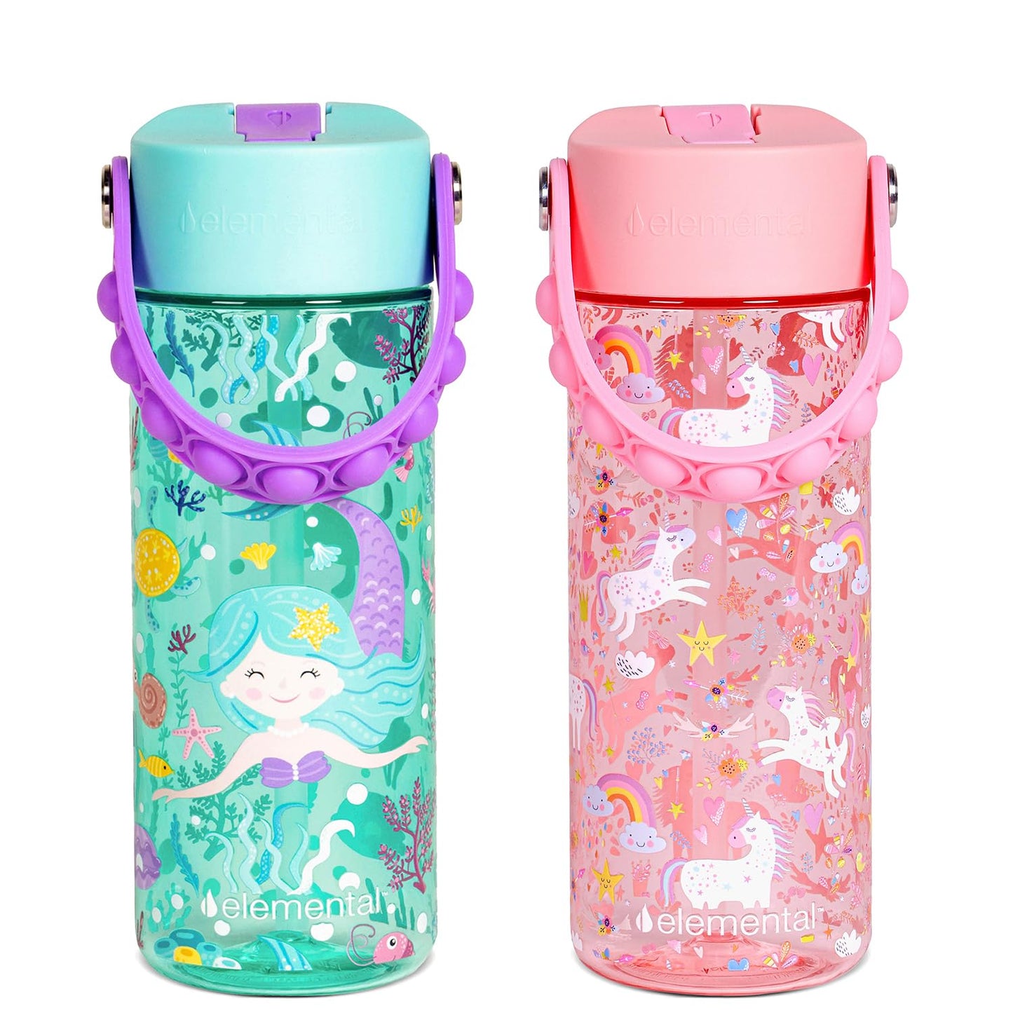Elemental Leak Proof Water Bottles for Kids - Splash Kids Water Bottle for School with Pop-it Handle - Tritan Plastic Water Bottle with Straw - Mermaid & Pink Unicorn - 18oz (2 Pack)
