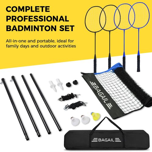 BAGAIL Outdoor Badminton Net Set with Anti-Sag Winch System - Official Size 20ft x 5ft, 4 Rackets, 3 Shuttlecocks, Durable PE Net & Carry Bag for Backyard, Beach, Family Games - Blue